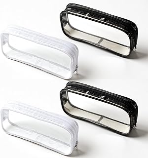 4 Pack Brush Bag, Clear PVC Zipper Pencil Pouch, Multi-Purpose Makeup Brush Case & Pen Organizer, Travel Storage for Stationery (Black, White)