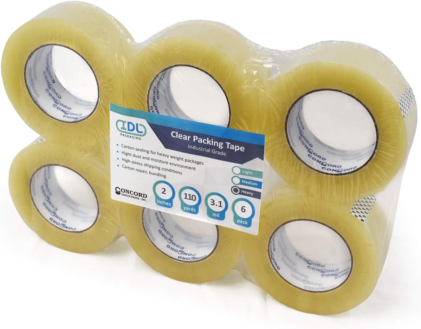 IDL Packaging Concord Packing Tape - 2" x 3.1 mil x 110 Yards, Clear (Pack of 6) - for Storage, Office, Moving and Shipping, Excellent Carton Sealing Tape