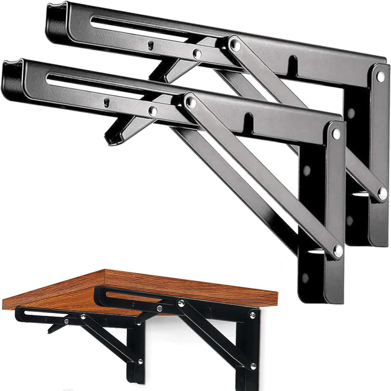 Folding Shelf Brackets - 16 Inch 2 Pcs Heavy Duty Collapsible Triangle Shelf Bracket, DIY Wall Mounted Folding Table Hinge, Space Saving for Bench Table with Screws