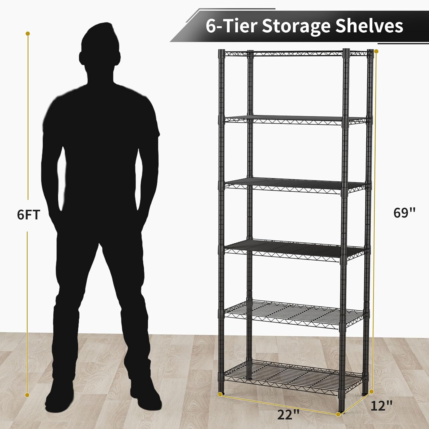 6 Tier Adjustable Storage Shelves,Heavy Duty Metal Utility Shelf 900LBS Capacity,Wire Shelving Unit Organizer Rack for Home,Kitchen,Office,Bathroom,Pantry Room,12" D x 22" W x 69" H,Black - Image 3