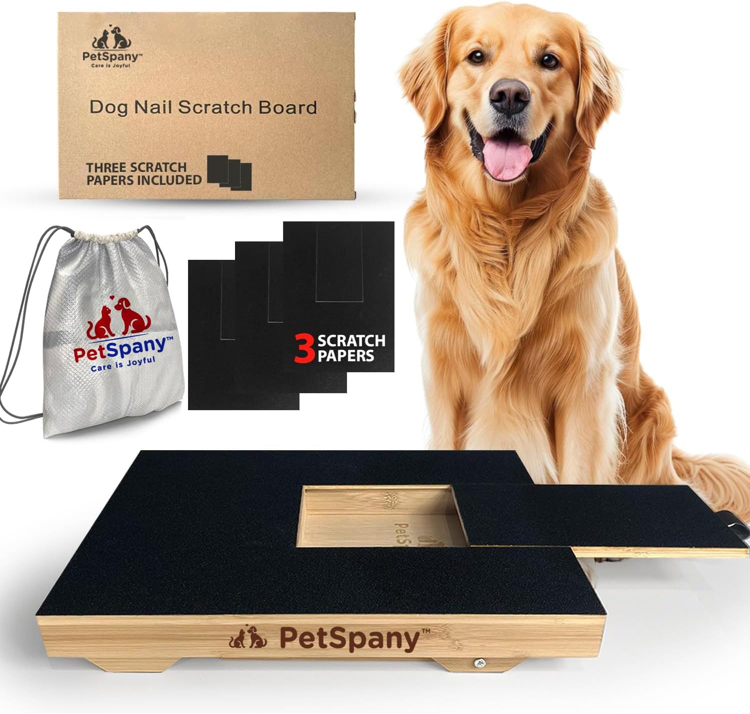 Dog Nail Scratch Board - Bamboo Scratch Pad for Nails with Treat Box - Stress-Free Dog Scratch Pad for Nails - Nail File Board for Puppy/Small/Medium Dog - Polyester Bag+2 Extra Sandpaper.