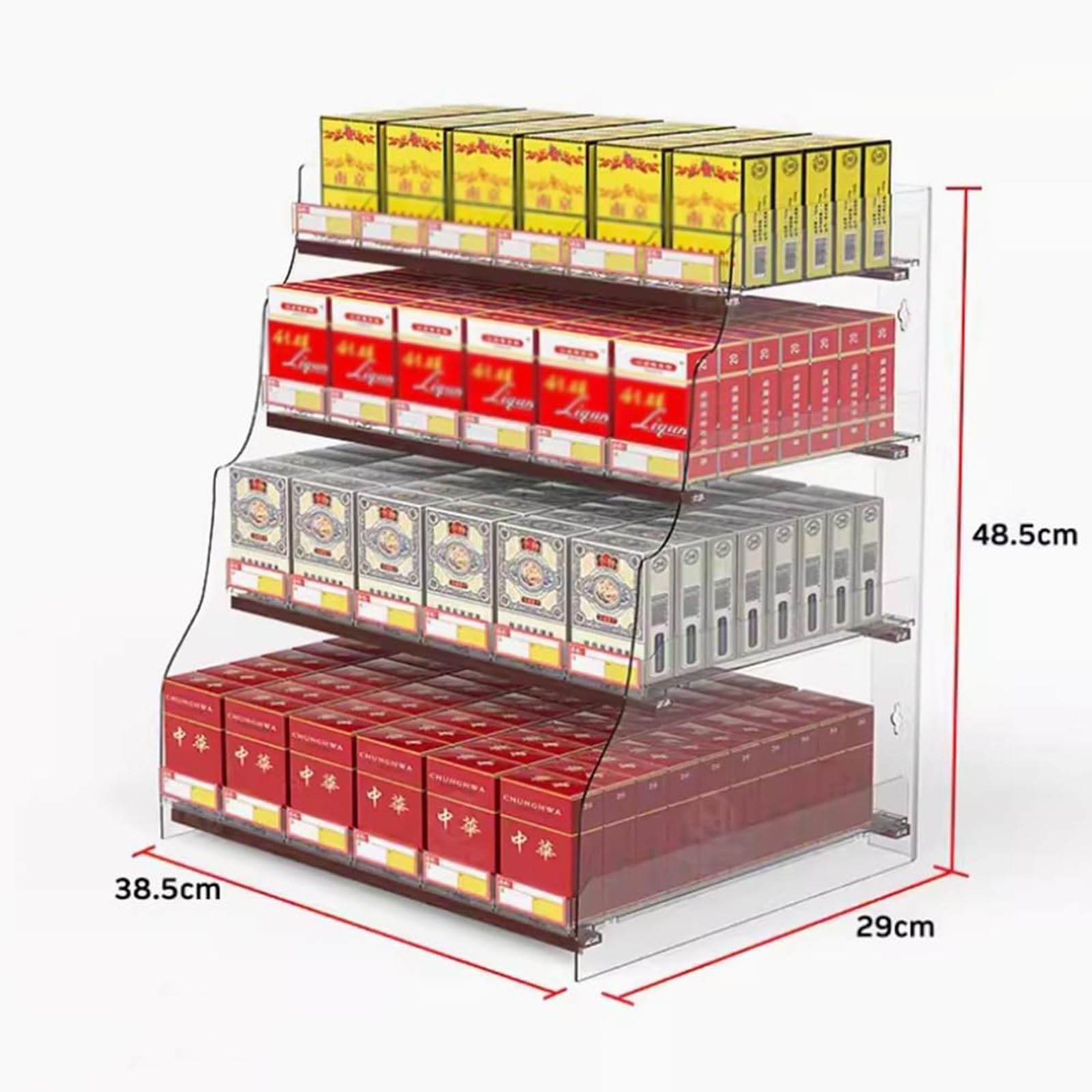 Stojak na papierosy - stojak na papierosy, organizer na papierosy Trapezoidalny organizer na papierosy na ścianę/ławkę, stojak do sprzedaży detalicznej z przezroczystego akrylu (38,5 x 29 x 48,5 cm)