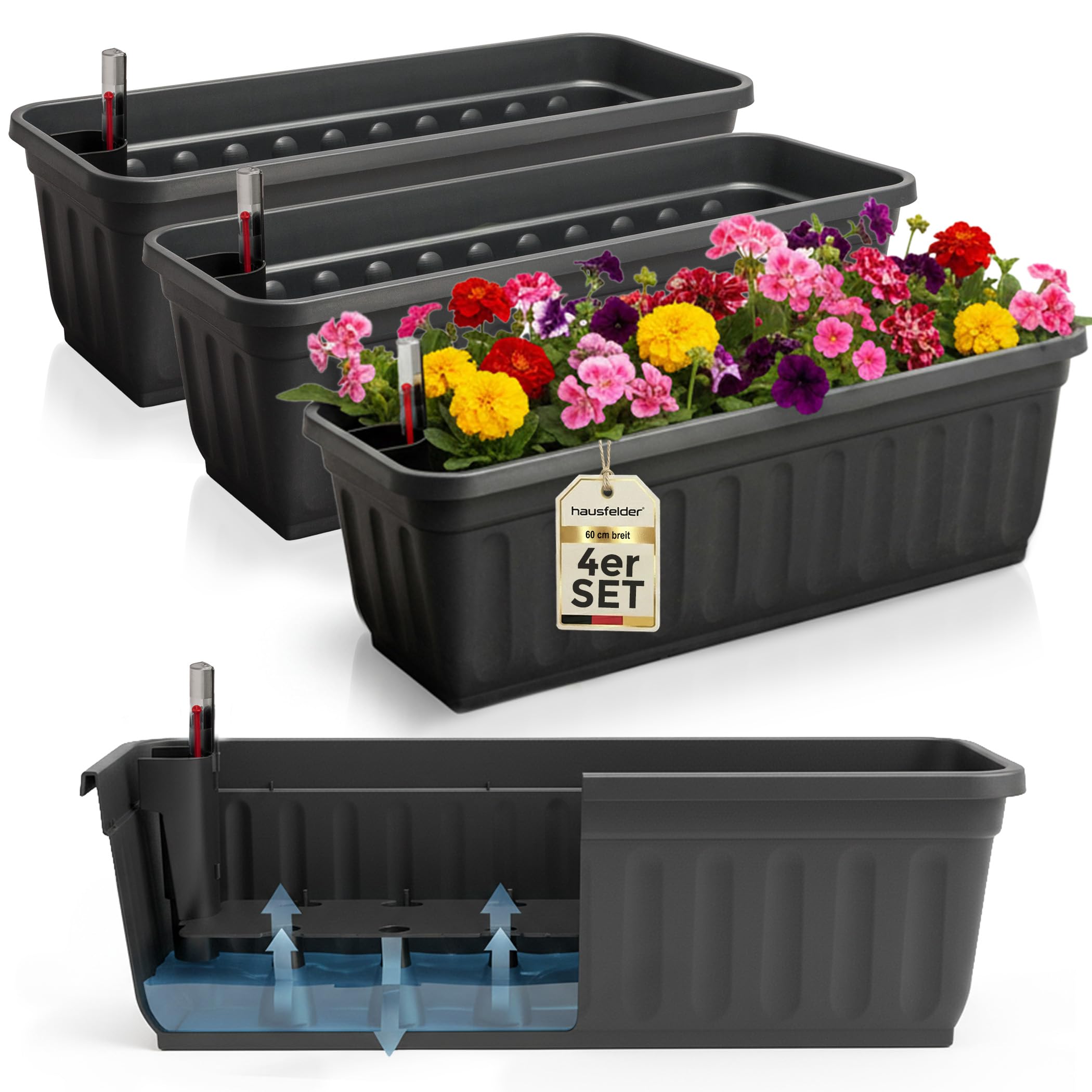 Hausfelder Balkonkasten 4er Set 60 cm mit Wasserspeicher und  Wasserstandsanzeige, Blumenkasten Anthrazit-Schwarz mit Bewsserung fr  Balkon Innen und Auen: Amazon.de: Garten