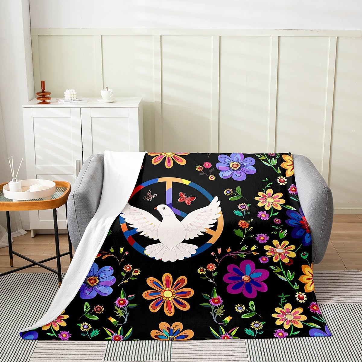 Erosebridal Peace Dove Blanket,Rainbow Peace Sign Throw Blanket 40x50,Garden Botanical Leaf Flowers Plants Fleece Blanket for Bed,White Purple and Yellow Fuzzy Blanket Bedroom Decor