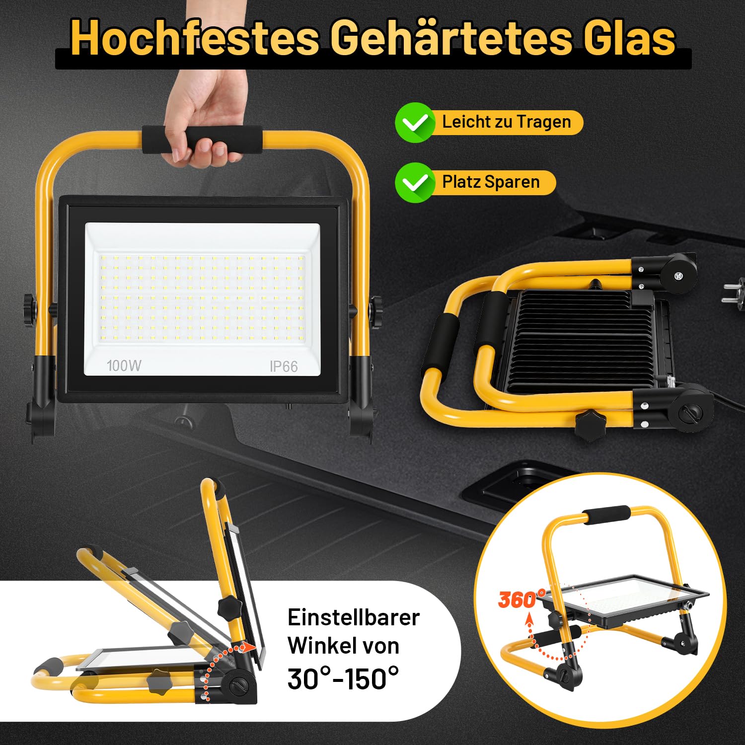 1 x reflektor budowlany LED, 100 W, 8000 lm, IP66, kabel 3 m, lampa