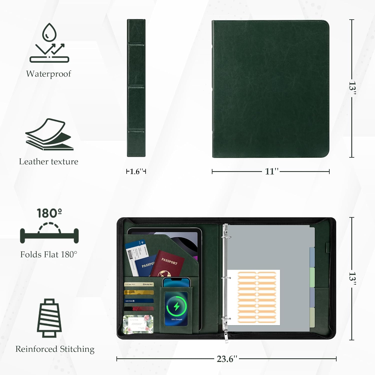 EYROZILL Zippered Leather 3 Ring Binder Organizer with Pockets – Business Portfolio Folder with Card Slots, Phone Holder, Pen Loop (Dark Green)