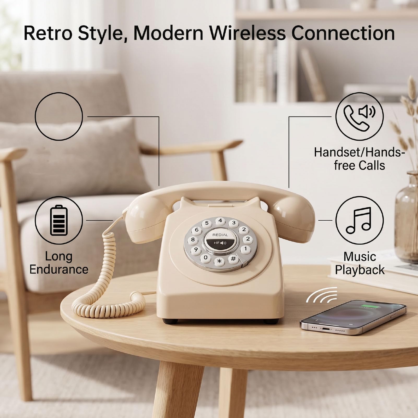Sxhlseller Teléfono Bluetooth Retro Vintage, Teléfono Fijo Inalámbrico con Altavoz Bluetooth para Conexión de Inteligente en Casa y Oficina