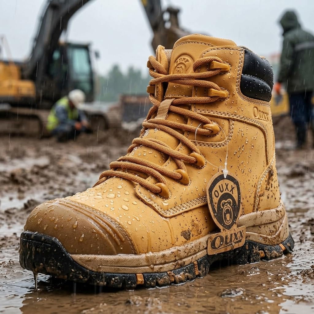Waterproof Steel Toe Work Boots for Men, 7 inch Safety Boots with Side Zipper, ASTM F2413-18 Rated, Slip Resistant Rubber Sole, Puncture-Proof Kevlar Midsole Construction Boots (OX2721)