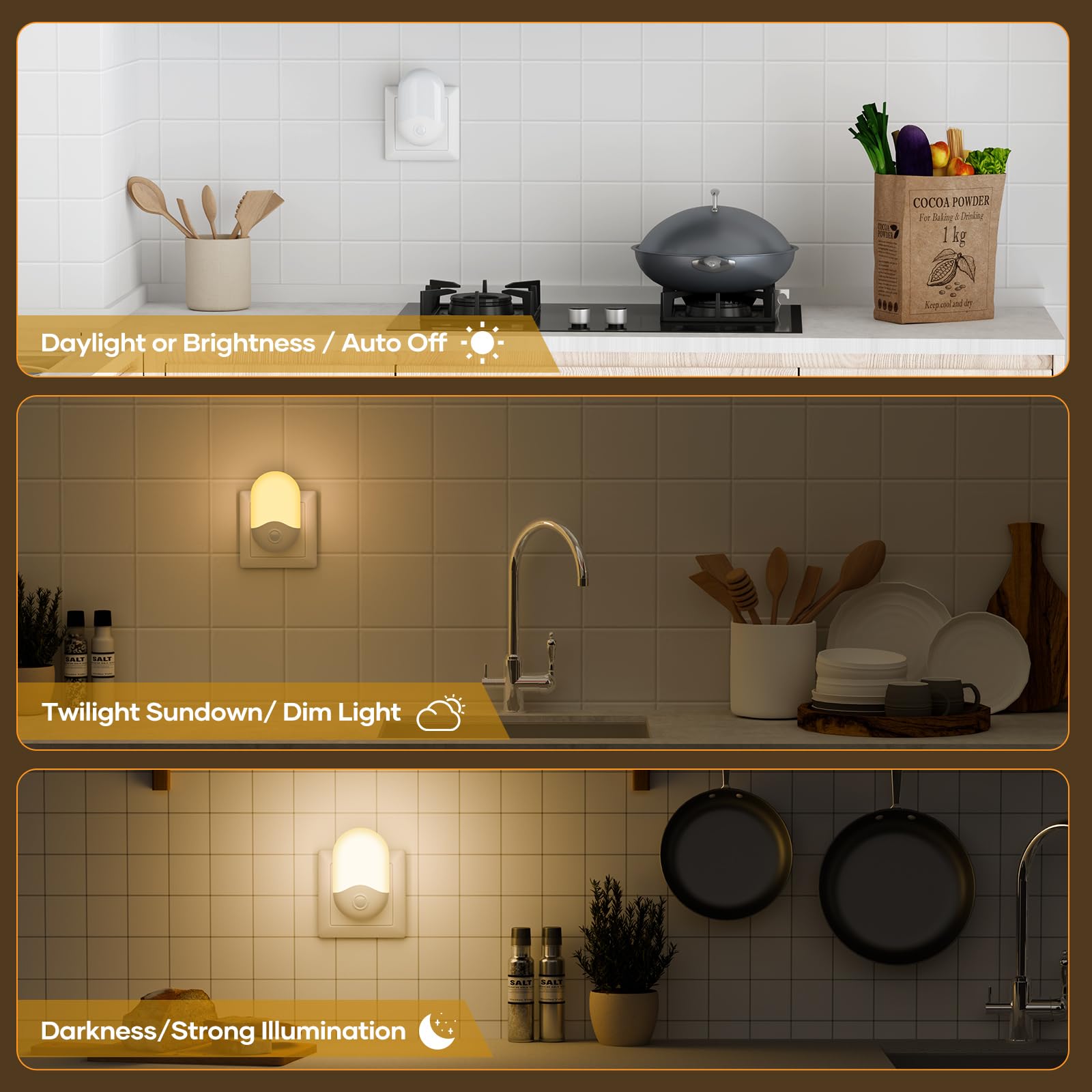YindaLux Nachtlicht Steckdose - 2 Stück Dimmbar Mit Dämmerungssensor Gold