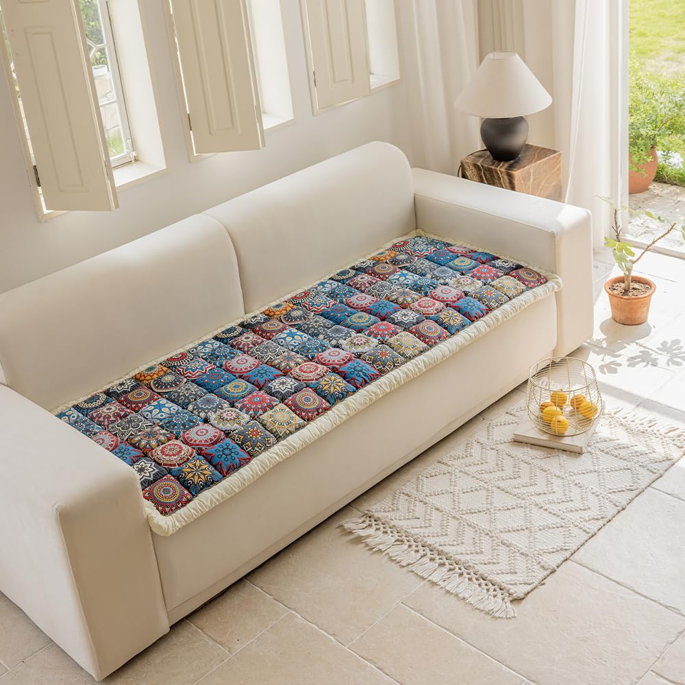 Awjcsv Copridivano in cotone, antiscivolo, lavabile, stile bohémien, per divano a 3 cuscini, adatto agli animali domestici (blu, 70 x 180 cm