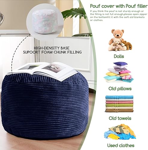 Miniatura 4 de HIGOGOGO Puf redondo de relleno otomano, pufs de pana con relleno de trozos de espuma, puf peludo y esponjoso, taburete de almacenamiento otomano,