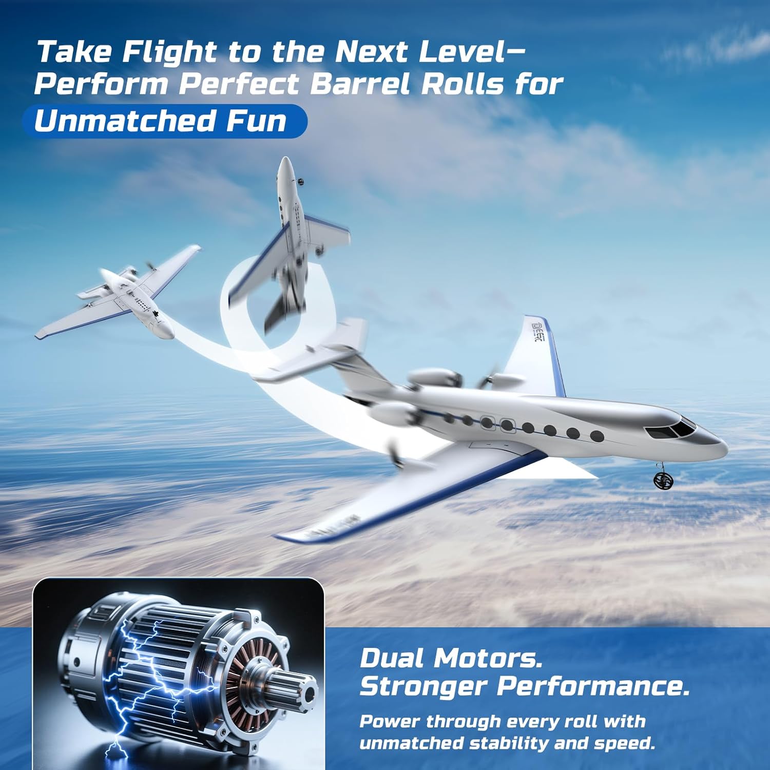 DEERC G650 RC Plane performing a barrel roll with dual motors and gyro technology highlighted.