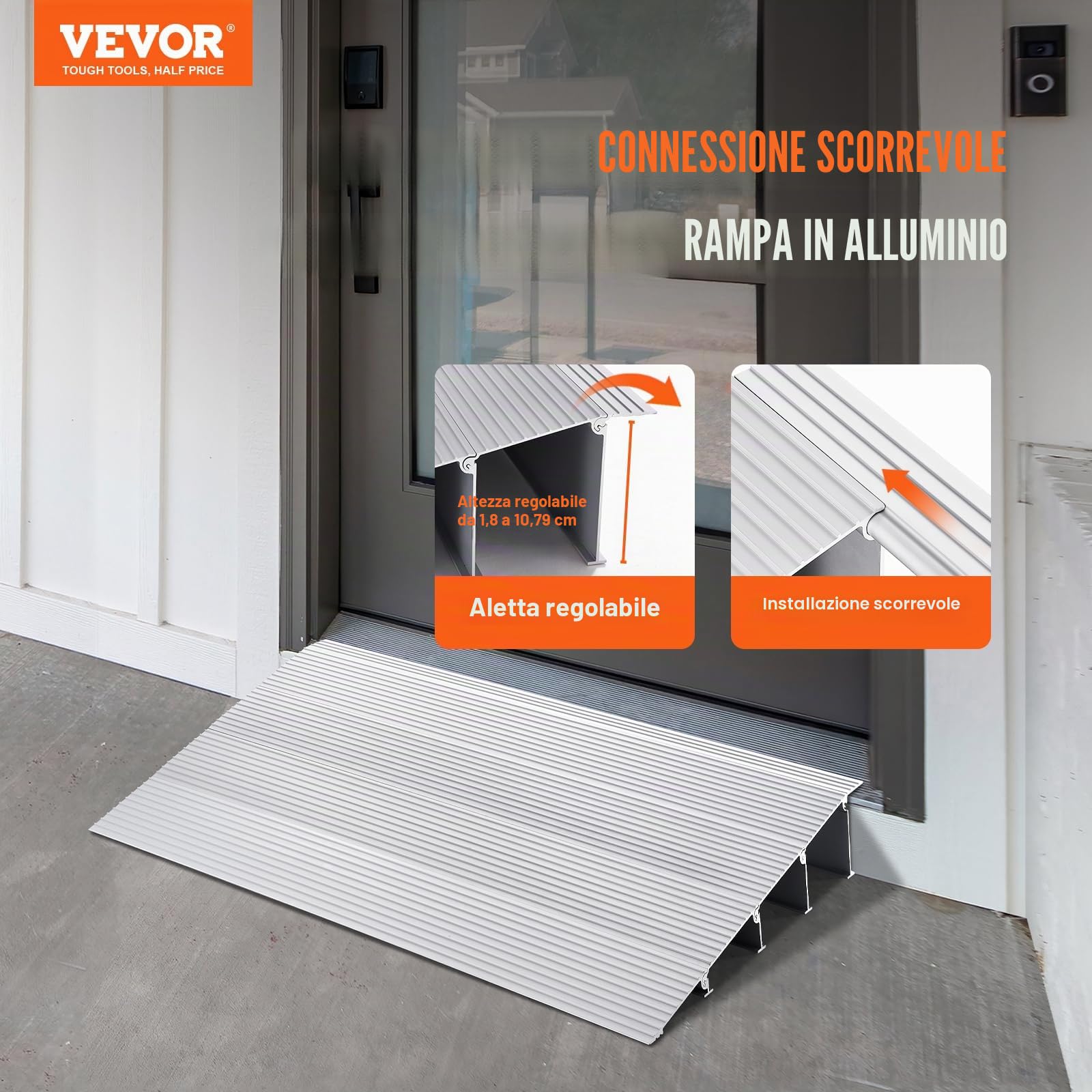 VEVOR Rampa per Soglia di Porta Capacità Carico max. 362,8 kg, Rampa per Soglia Modulare Regolabile, Rampa per Porta d'Ingresso Sedie a Rotelle, Rampa per Soglia in Lega di Alluminio Altezza 10,2 cm