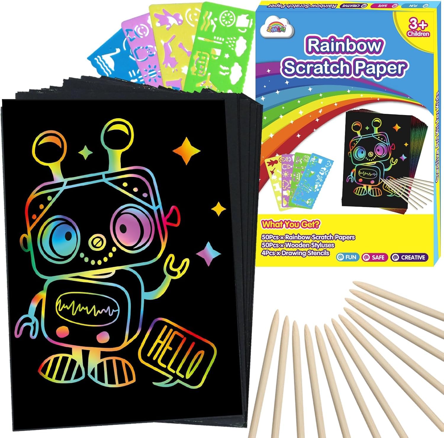 Scratch Art for Kids – 100Pcs Rainbow Scratch Paper, Black Scratch Off Paper Craft Kit with Stencils, Arts and Crafts, Class Gifts, Travel Toys, Birthday Gifts for Boys Girls Ages 4-9 (Blue) — image 1
