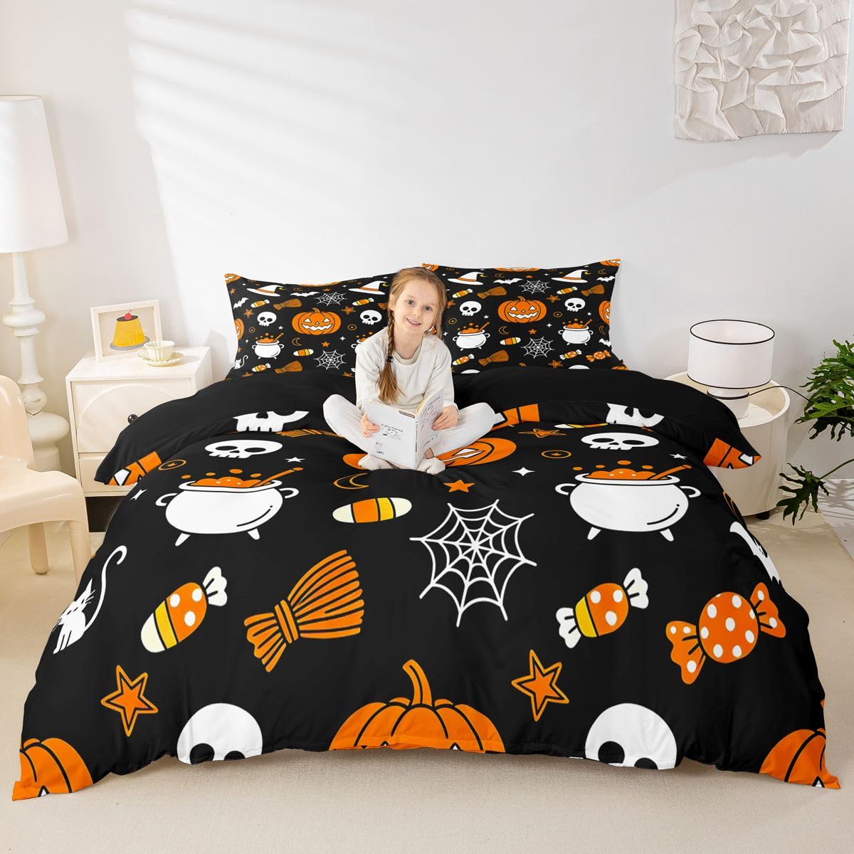 Loussiesd Happy Halloween poszewka na kołdrę super king size uroczy duch dynia kot pajęczyna zestaw pościeli dla chłopców dziewcząt cukrowa czaszka poszewka na kołdrę sypialnia dekoracja 3 szt. zamek