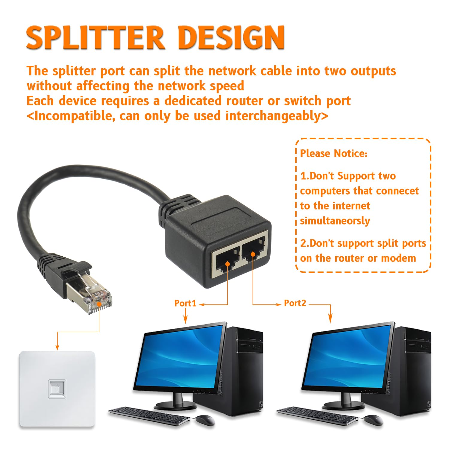 RJ45 Divisore adattatore Ethernet 1 Maschio a 2 Femmine Cavo Compatibile con Cat5, Cat5e, Cat6, Cat7(2 pezzi)