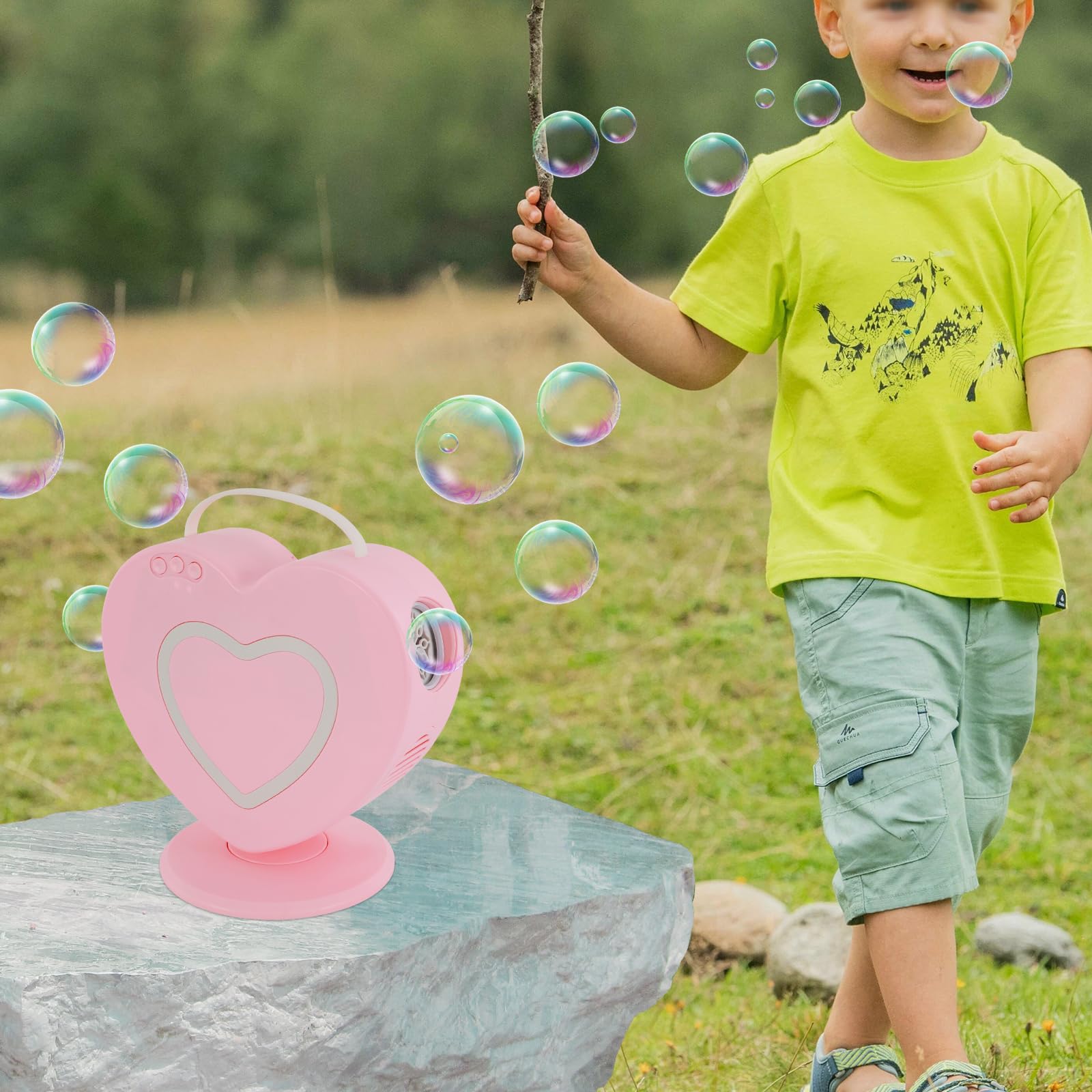 Seifenblasenmaschine in Herzform, automatische Seifenblasenmaschine, Seifenblasenmaschine mit 360° Drehung für Kinder (Pink)