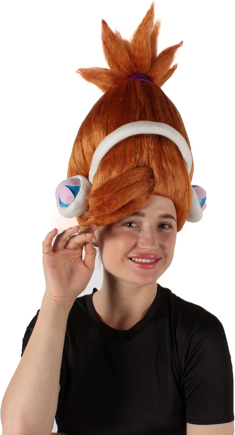 HPO Adult Women's Animated DJ Troll Orange Wig with White Costume Earphones, Synthetic Soft Fiber hair, Perfect for your next Festival and Holiday Party!