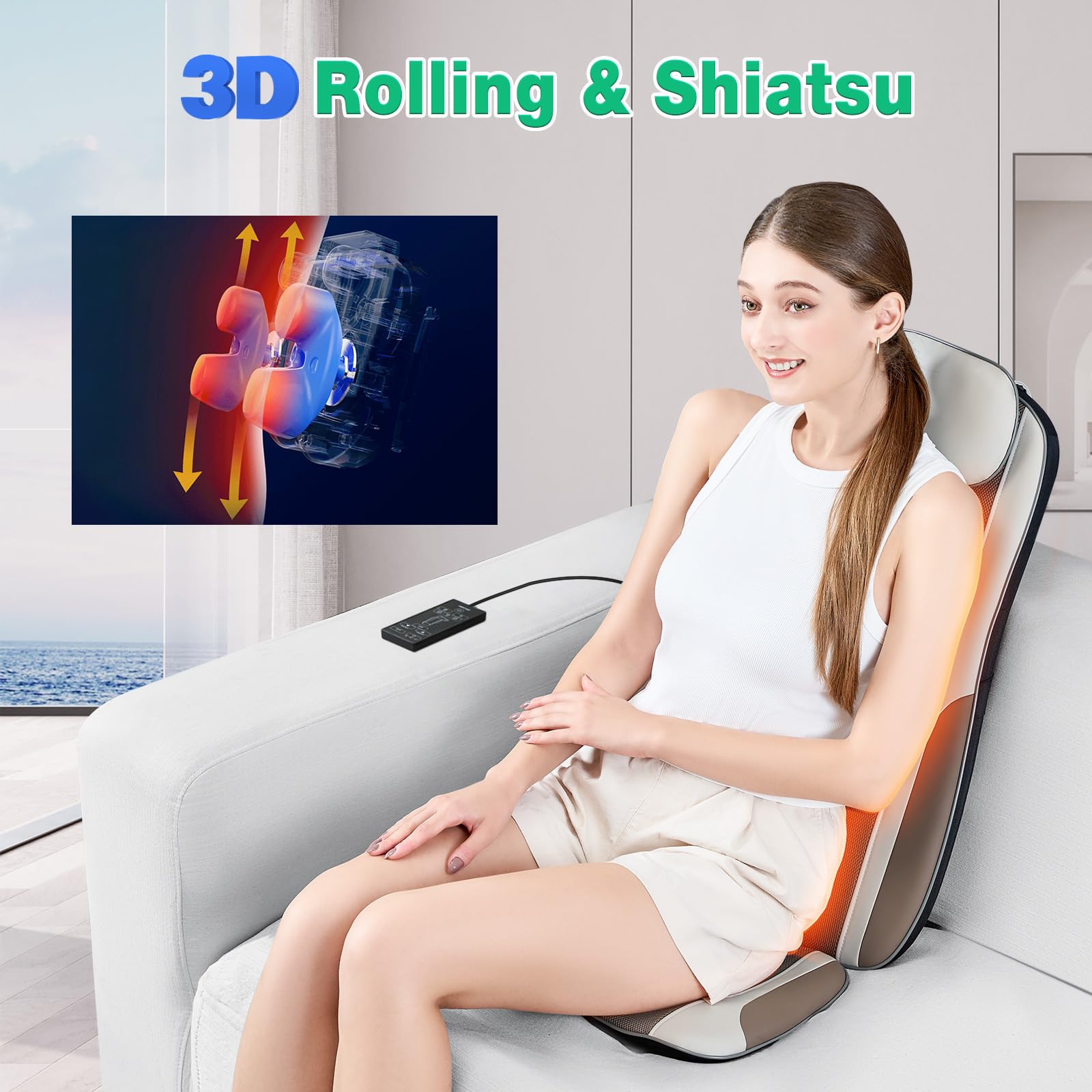 Shiatsu - Masajeador de espalda con calor, cojín de asiento para silla de masaje para alivio del estrés, amasamiento y rodillo de tejido profundo, 2 motores de vibración, masajeador de cadera y