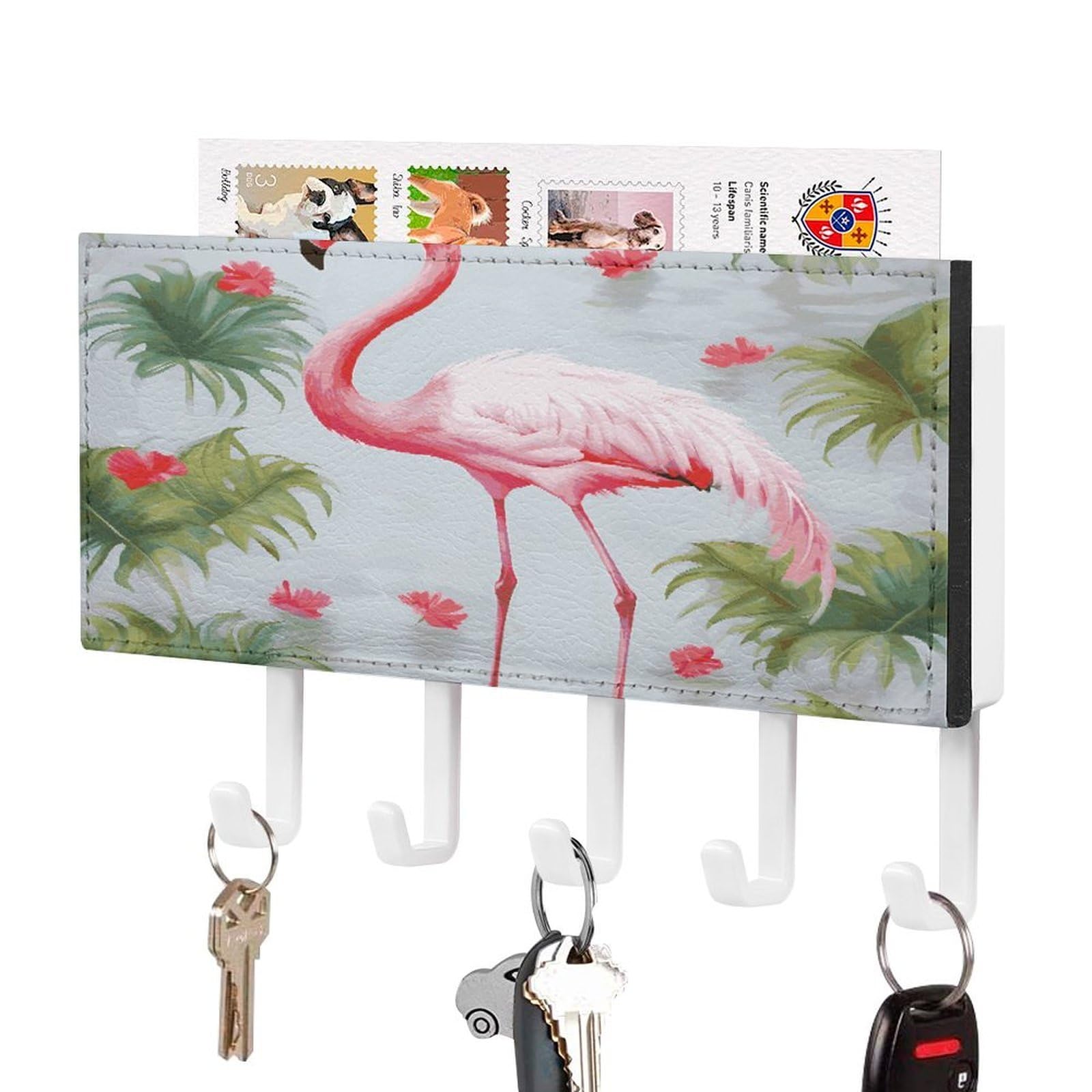 Vstadank White-Style White Flamingo Key Holder For Wall Mount With 5 Hooks Decorative Key And Mail Holder Farmhouse Wall Hooks With Shelf Pu Leather Key Rack With Mail Holders For Entryway Home