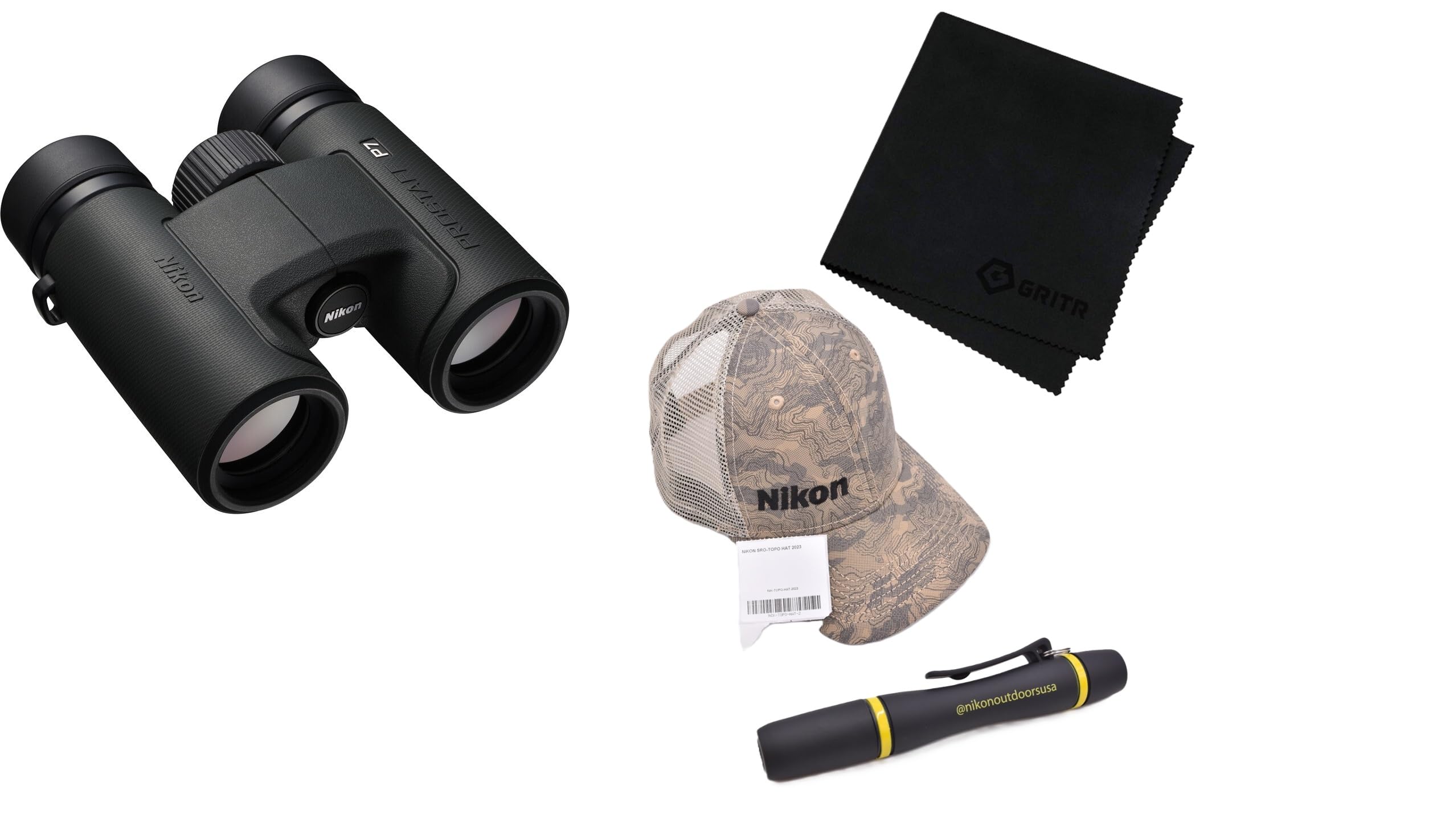 Nikon PROSTAFF P7 10x30mm Binoculars, Topo Hat, Lens Pen & Gritr Microfibre Kit - High-Magnification Wide FOV Waterproof Fogproof Binocular with Multilayer-Coated Clear Lens