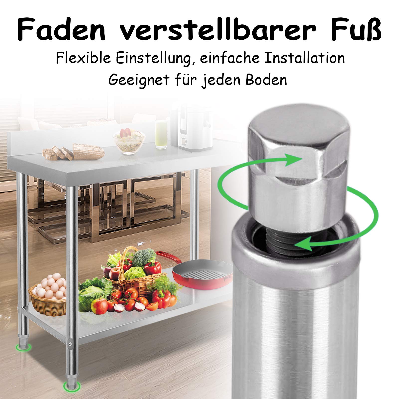 Froadp 120x60x85cm Edelstahl Arbeitstische für Lebensmittelzubereitung Küche Tisch mit Faden Verstellbare Fuß & Ablagefläche Multifunktionale Gastro Zubereitungstisch Grilltisch mit Aufkantung