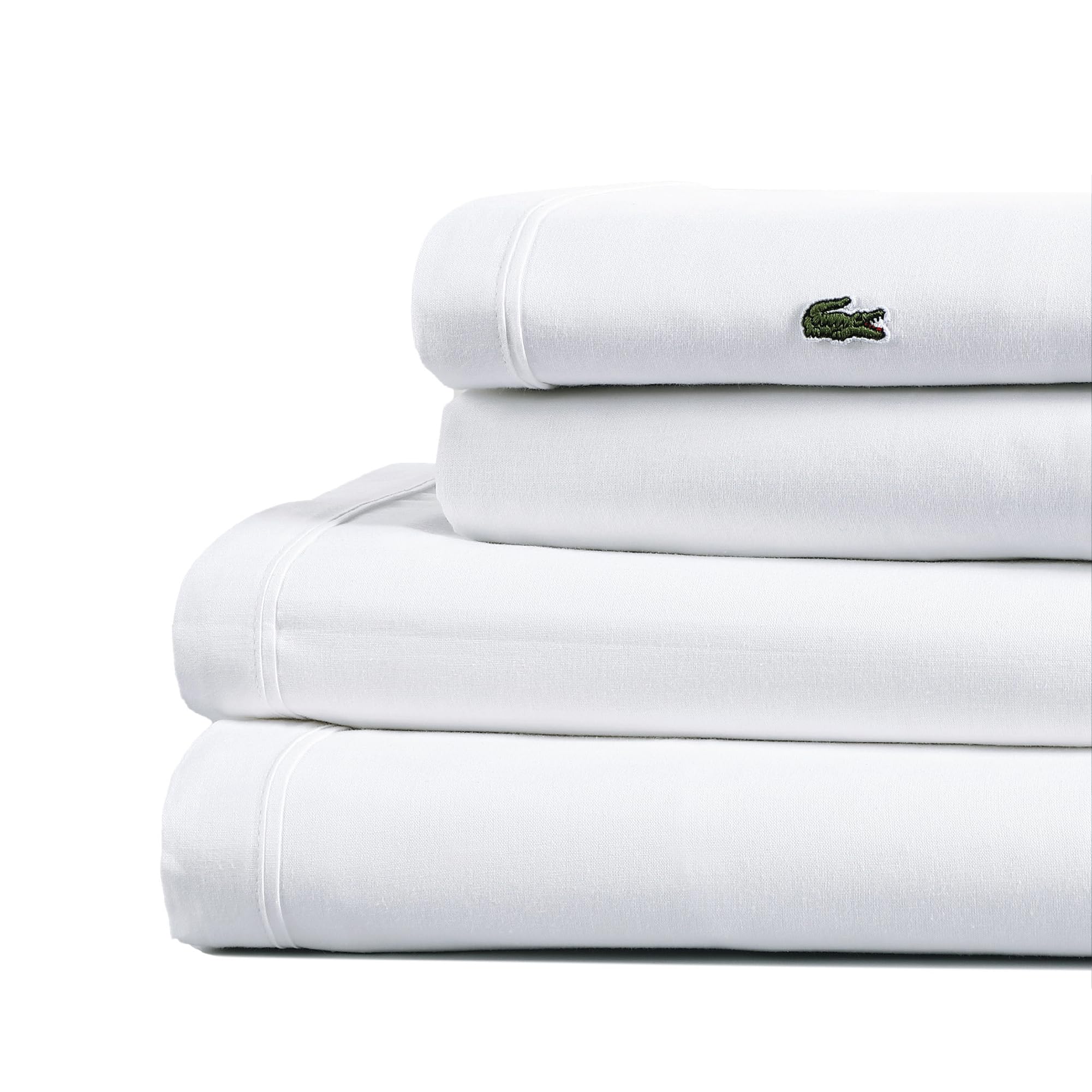 Lacoste 100% Cotton Percale 4-Piece Sheet Set – Cool, Crisp, Matte, and Durable, Oeko-Tex Certified – Solid, White, Standard King