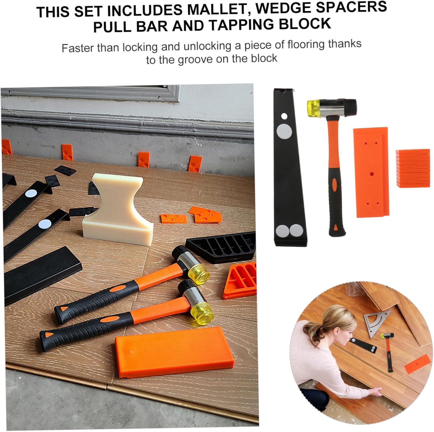 1Set Professional Wood Flooring Installation Tool Kit with Wedge Spacers Tapping Block Pull Bar and Mallet for Engineered Hardwood and Vinyl Flooring