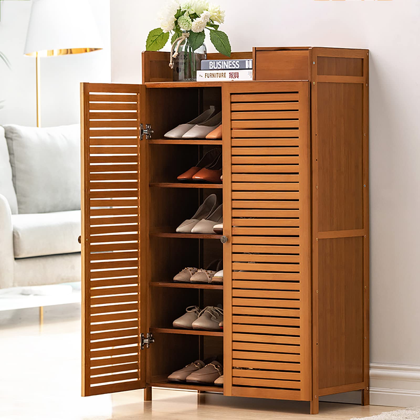 FUYAO Bamboo Shoe Cabinet,Rustic Entryway Shoe Storage Cabinet Shoe Rack Cabinet,Shoes Cabinet With Doors And Drawer,Farmhouse Shoe Organizer For Hallway Bedroom Closet