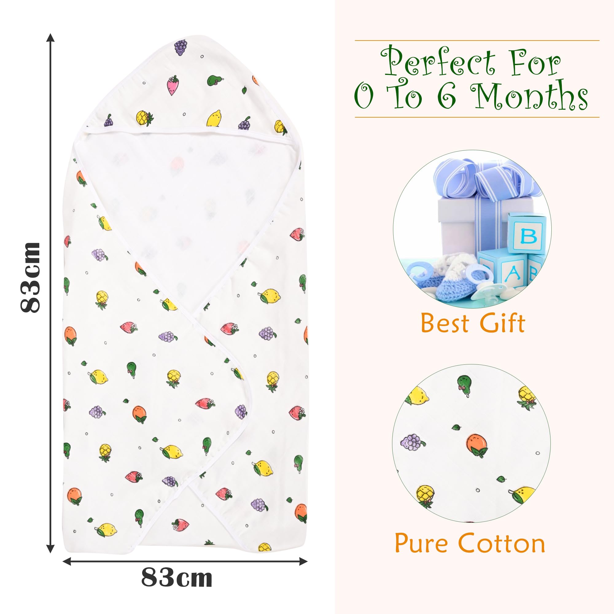 Urbane Home Pack of 2 Soft & Absorbant Cotton Hooded Towels for New Born Baby | Wrapping Bath Towel for 0-12 Months | 83x83 cm | Fruit Print-White 1