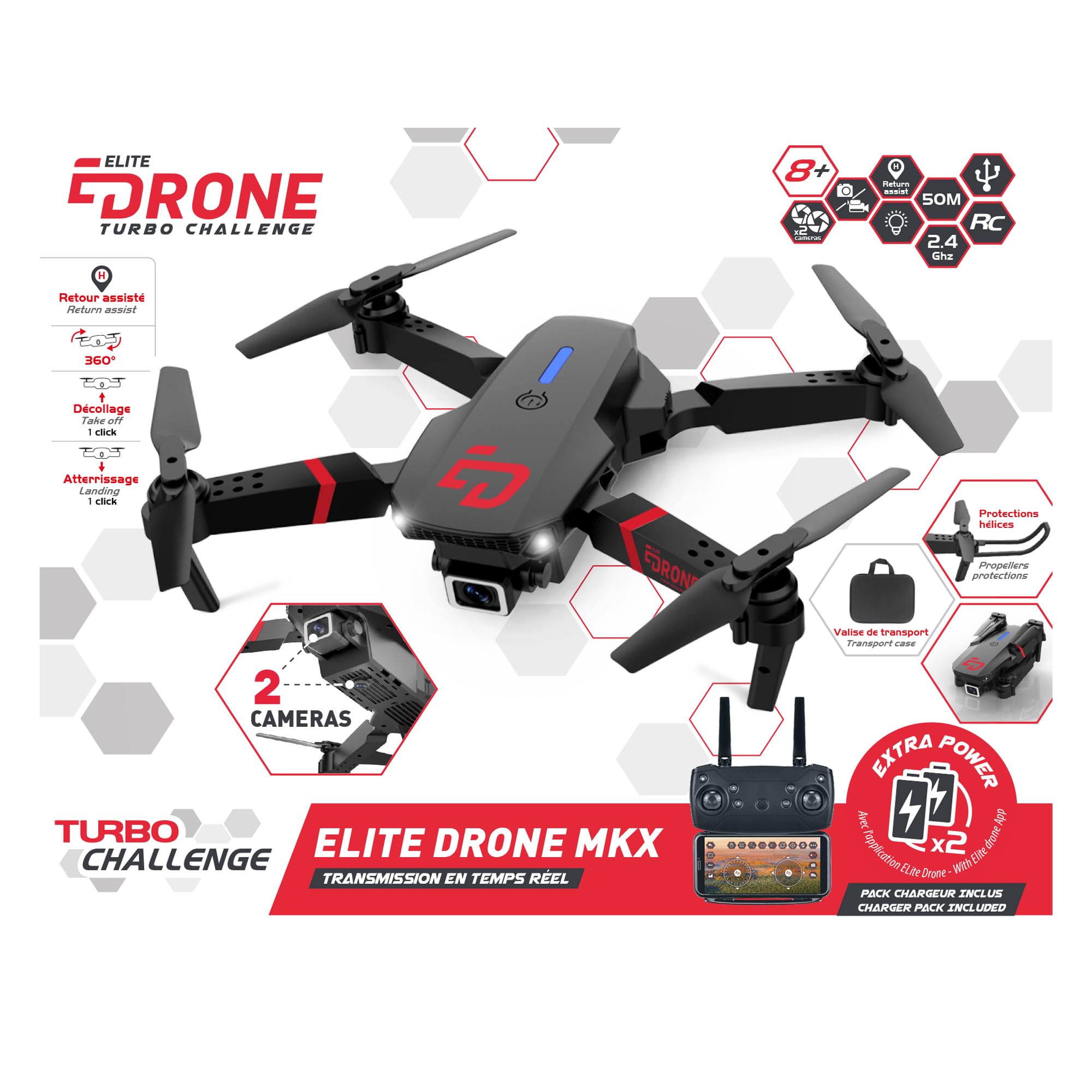 TURBO CHALLENGE - Elite Drone MKX - Drone - 400318 - Dispositivo Volante - Nero - 2 Batterie Ricaricabili incluse - Plastica - Regalo - Compleanno - Luminoso - Video - A partire da 8 anni