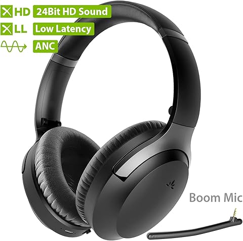[2020] Avantree aptX-HD 24 Bit Hi-Fi Bluetooth 5.0 Active Noise Cancelling Headphones, Wireless Over Ear ANC Headset with Boom Mic for Clear Phone Calls, aptX Low Latency for TV PC Computer - Aria Pro