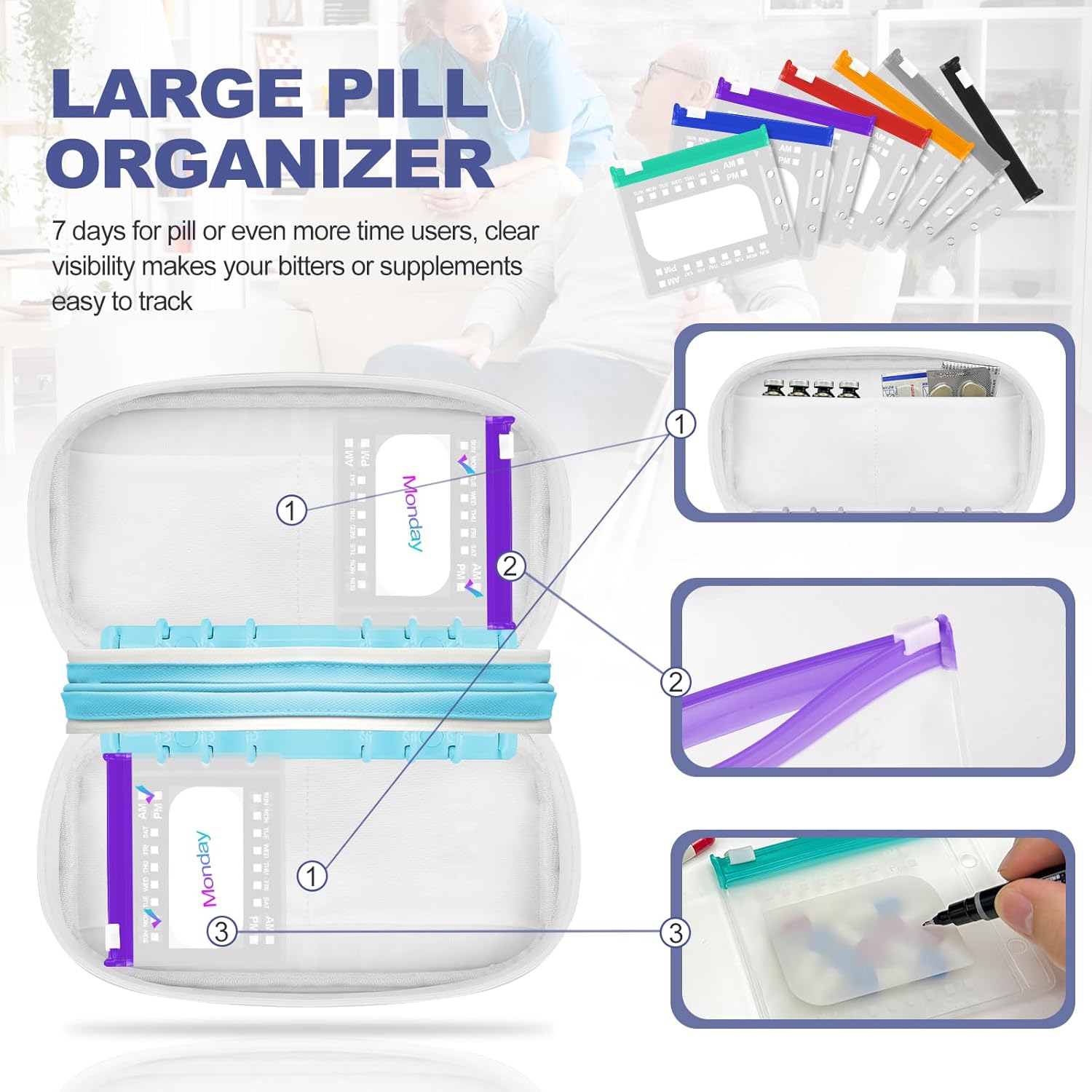 XXL A6 Double-Compartment Waterproof Pill Organizer with 28 M Size Zippered Pill Pouches for A6 Binder, Large BPA-Free Monthly Medicine Organizer, Reusable Travel Pill Storage System - Image 2