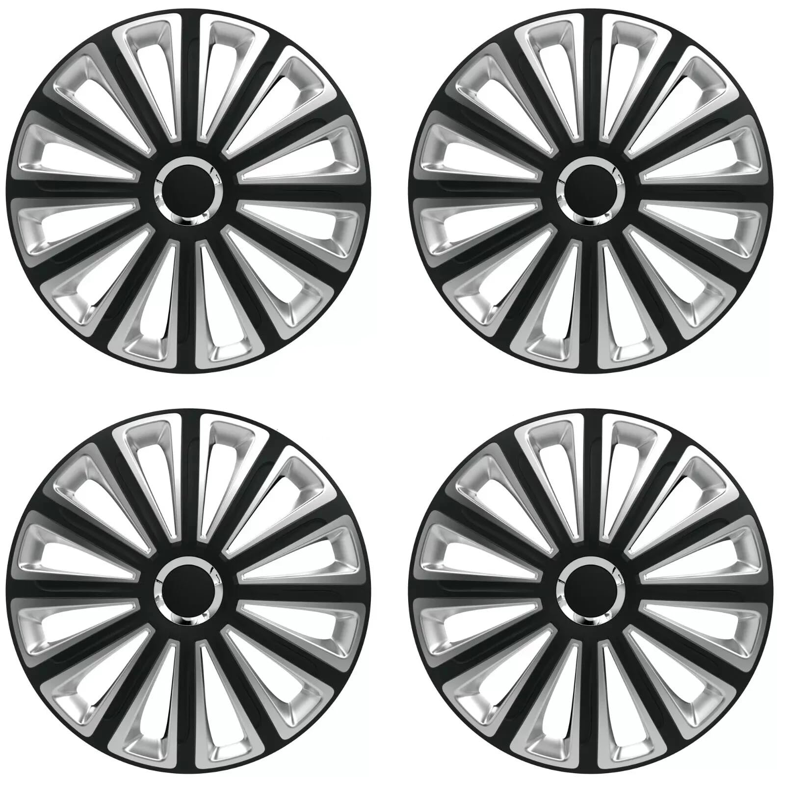 Car Wheel Trims | Set of 4 Hub Caps Universal Fit Cover Protectors (Trend, Black & Silver, 15 Inch)