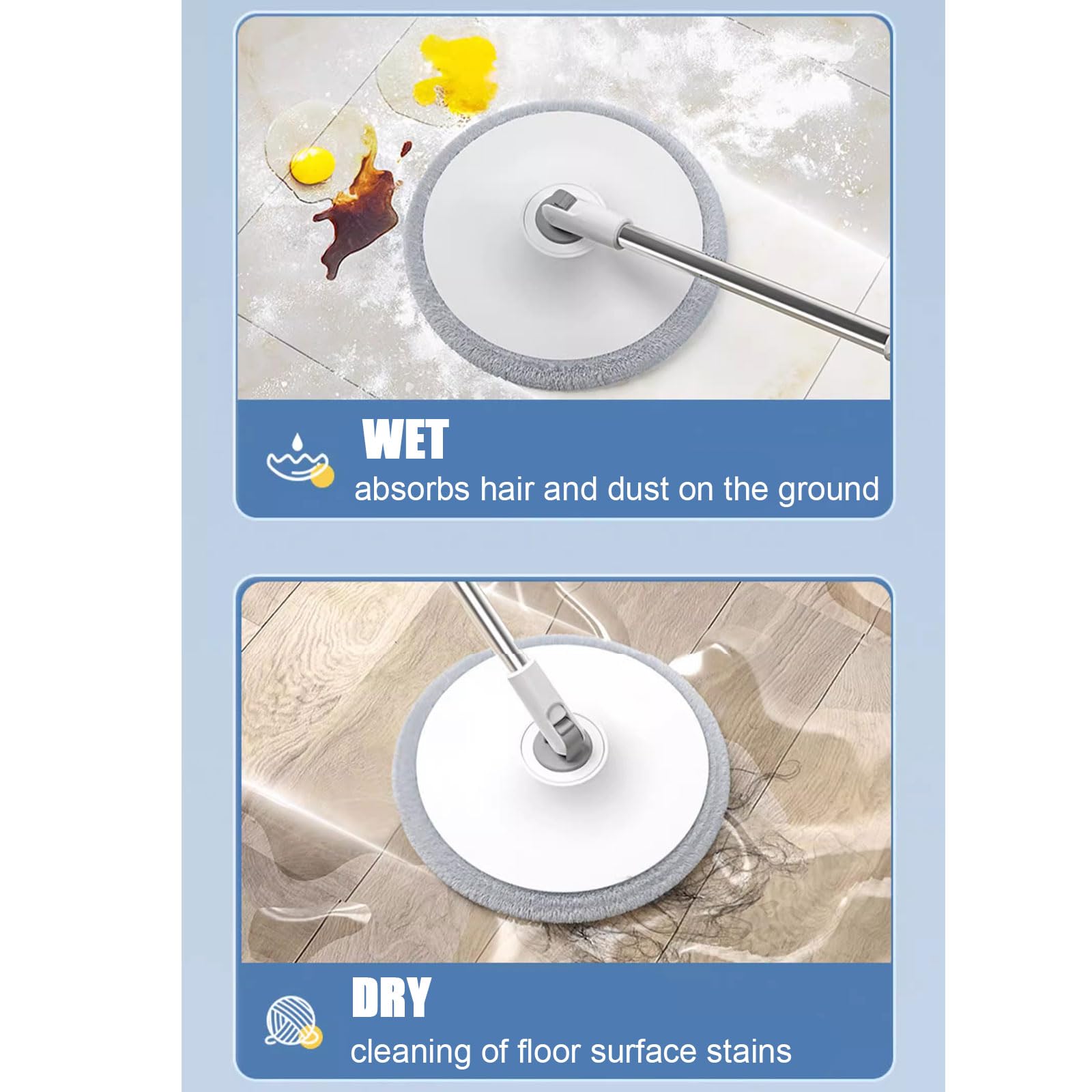 Este Juego de fregona y Cubo Giratorio con escurridor - Sistema de separación automática de Agua Sucia y Limpia - Cabezal Giratorio de 360° y 5 Almohadillas de Microfibra reemplazables para
