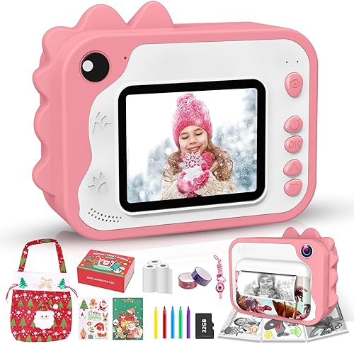 USHINING Cámara de impresión para niños de 12 MP, rosa, pantalla de 2.4 pulgadas, tarjeta micro SD de 32 GB, impresión sin tinta, video de 1080P, 3