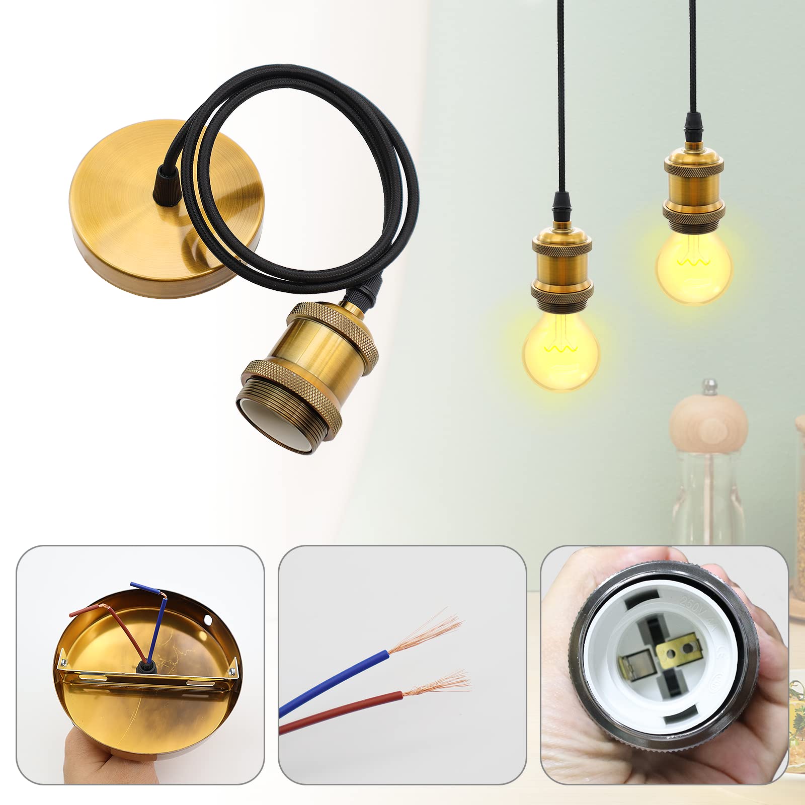 GOIYZTTR 2 Pezzi E27 Portalampada Sospensione Kit Portalampada in Metallo Nero Con Cavo Regolabile da 1 Metro Adatto per Lampadari a Soffitto