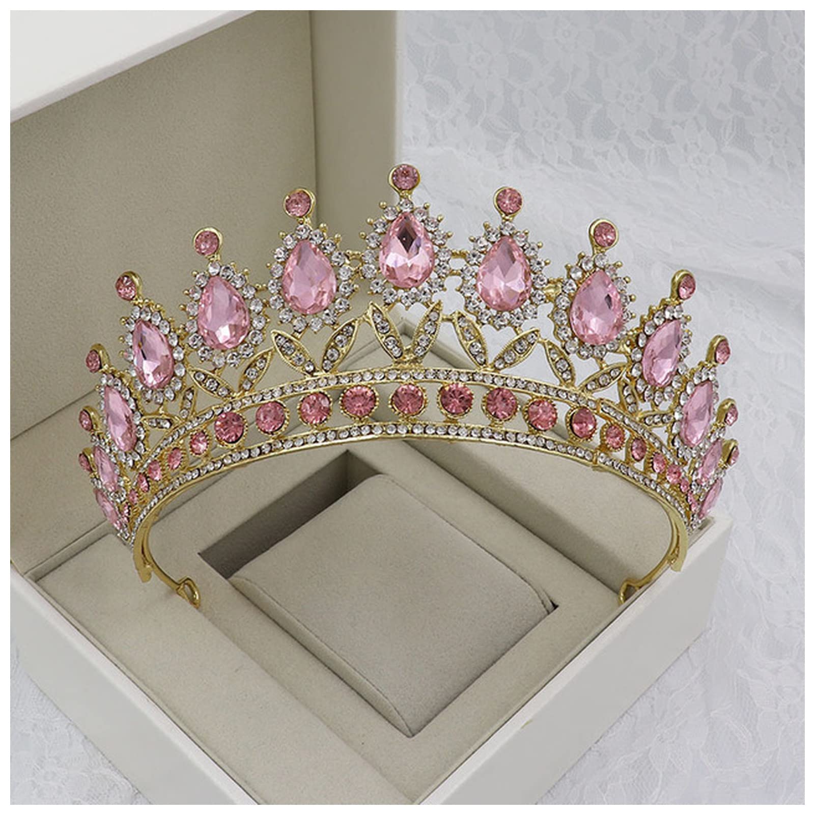 Queen Crown Baroque Vinatge Teal Pink Crystal Crowns Diadem Rhinestone Birthday Tiara Headband For Wedding Bridal Hair Accessories Snow Queen Crown (Size : Gold Pink)