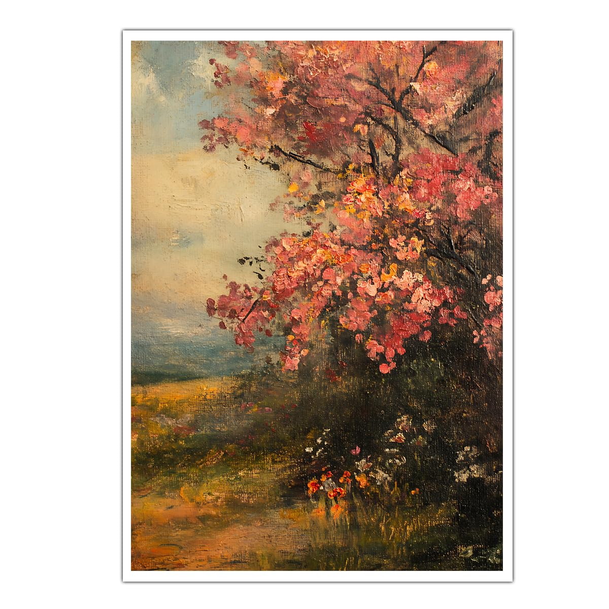 CHERHERART Impressionist Pink Blossom Tree Canvas Wall Art Spring Garden Landscape Poster Prints Sky Country Path Vintage Canvas Picture Decor 55x85cm Frameless