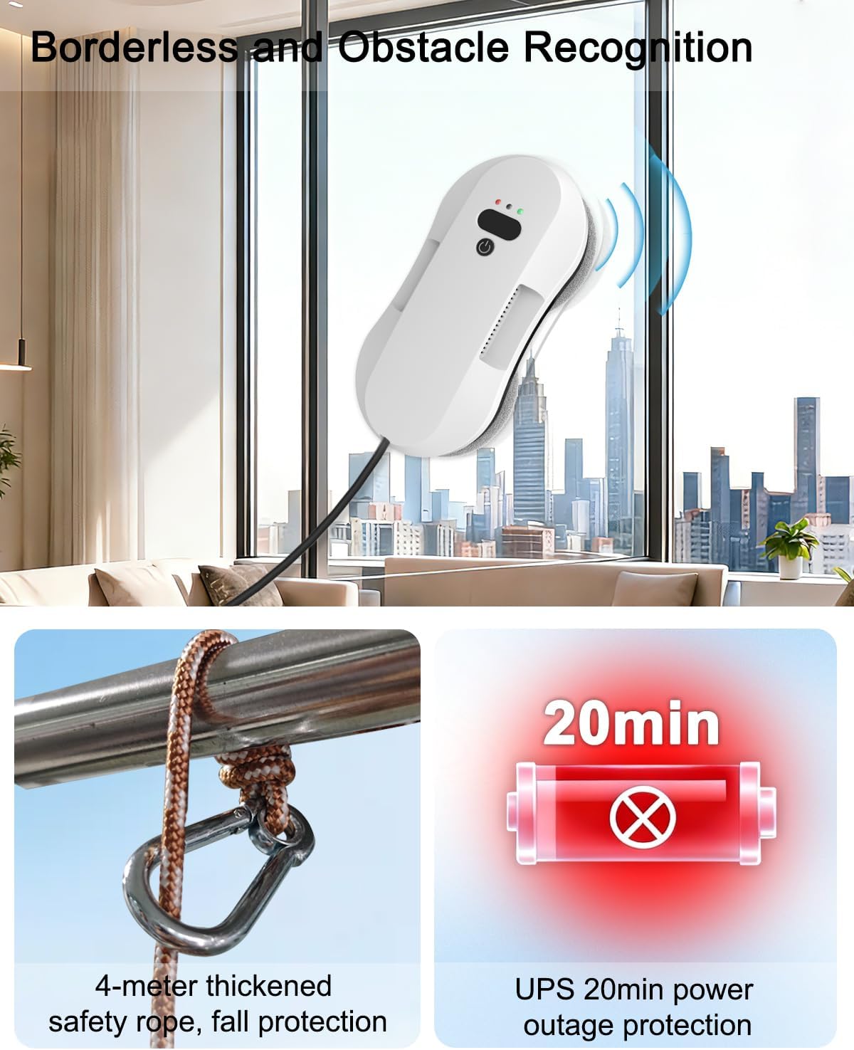 Window Cleaning Robot, Automatic Window Cleaner Robot with Dual Spray-50ml Tank, Edge Detection, Intelligent Path Planning, 3000pa Strong Suction, Anti-Drop Protection
