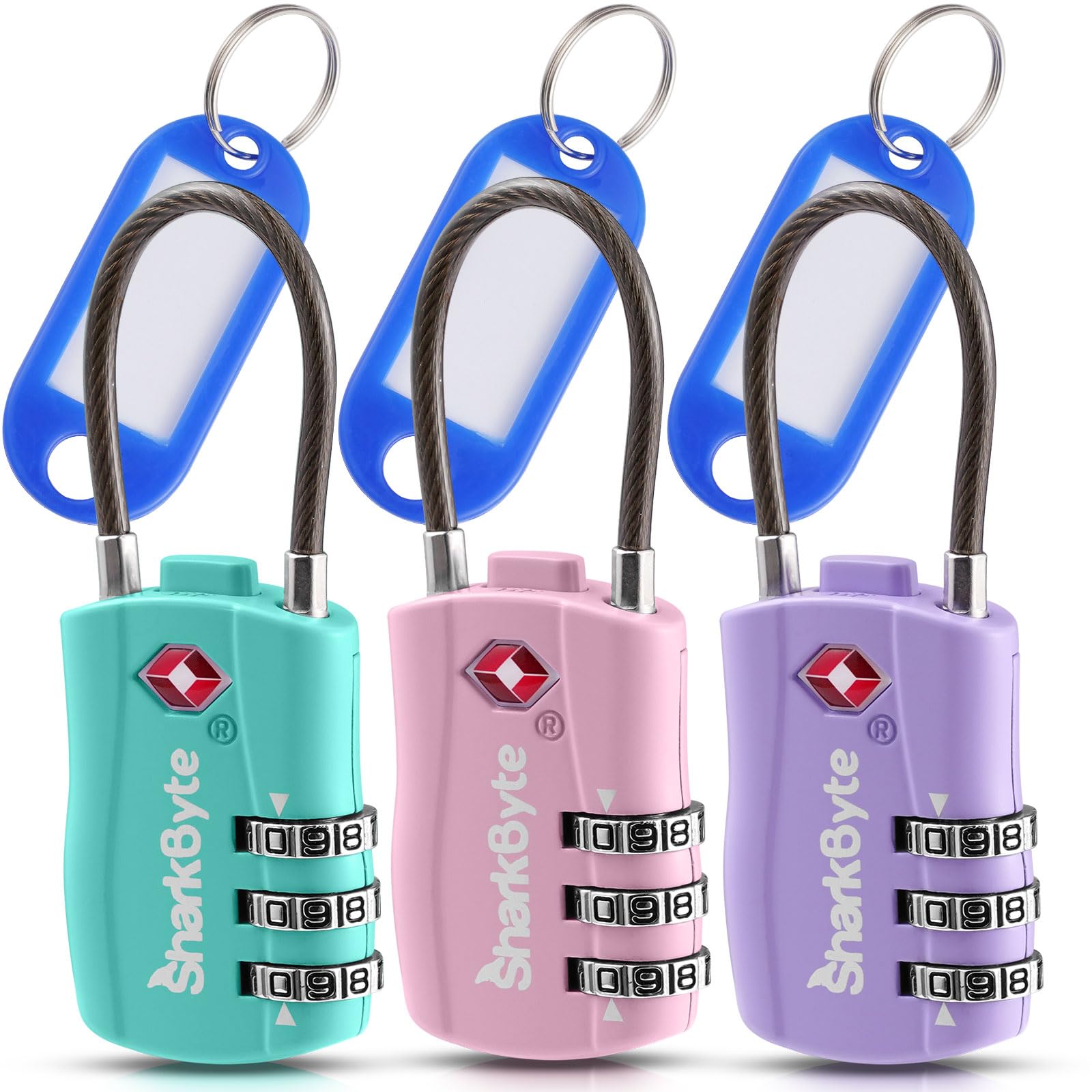 Sharkbyte Multicoloured A Tsa Approved Luggage Locks - 3-Dial Security Travel Combination Padlocks With Tags, Flexible Cable Wire Travel Locks For Suitcases, Gym Bags & Small Suitcases (3 Pack)