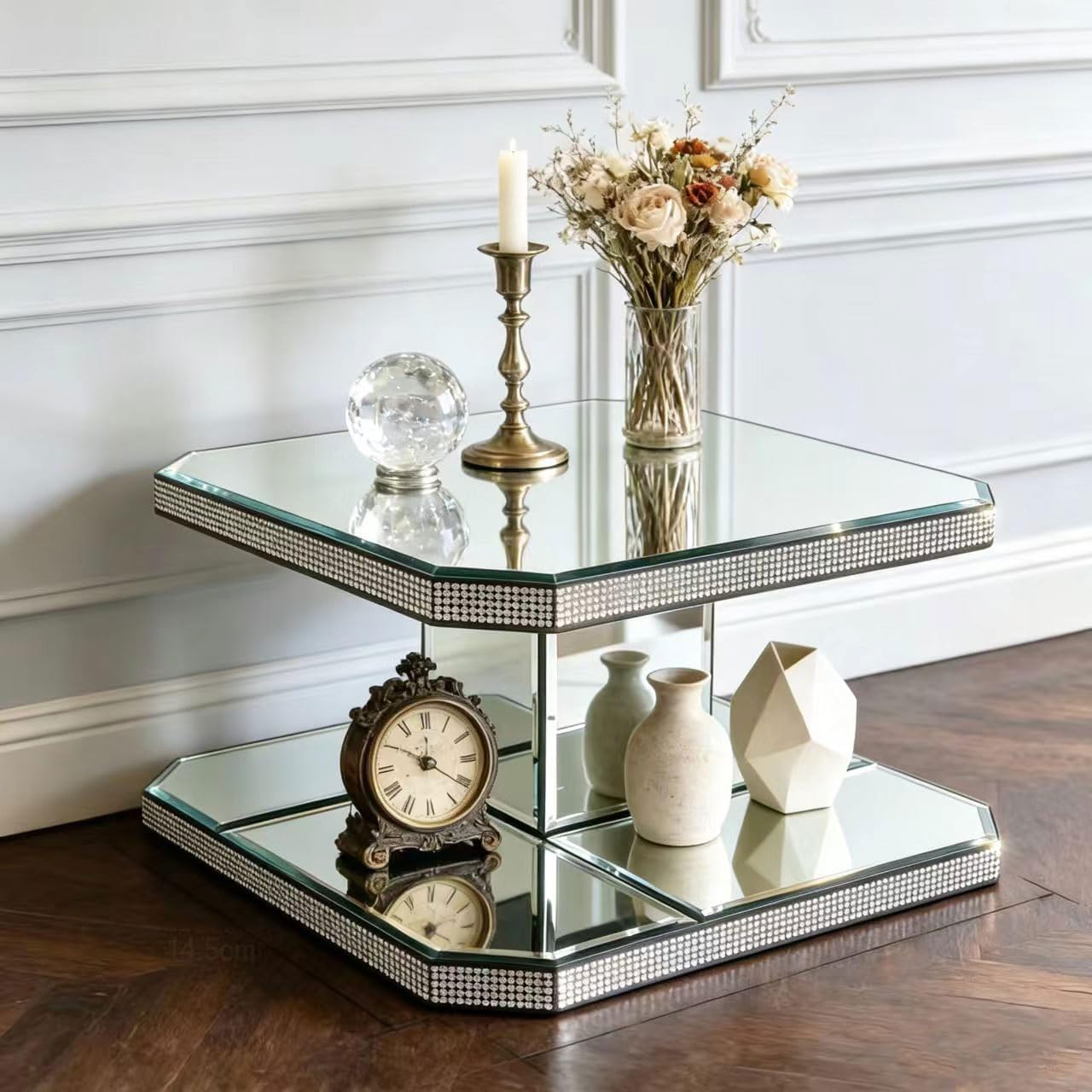 GIMORRTO Mirrored Display Riser with Rhinestone Trim, Two-Tier Square Stand, Decorative Glass Platform (6 inches high)