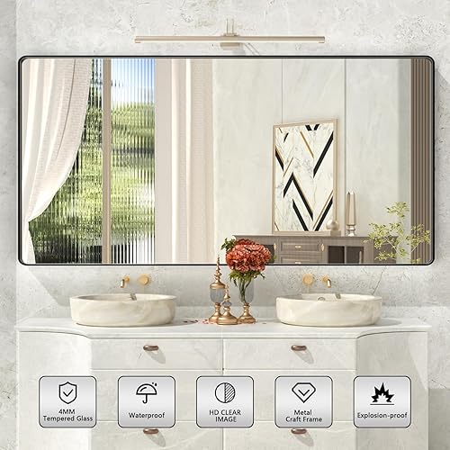 Miniatura 8 de Espejo de baño con marco de metal blanco de 55 x 30 pulgadas para pared, espejo de tocador de baño blanco mate, espejo rectangular redondeado,