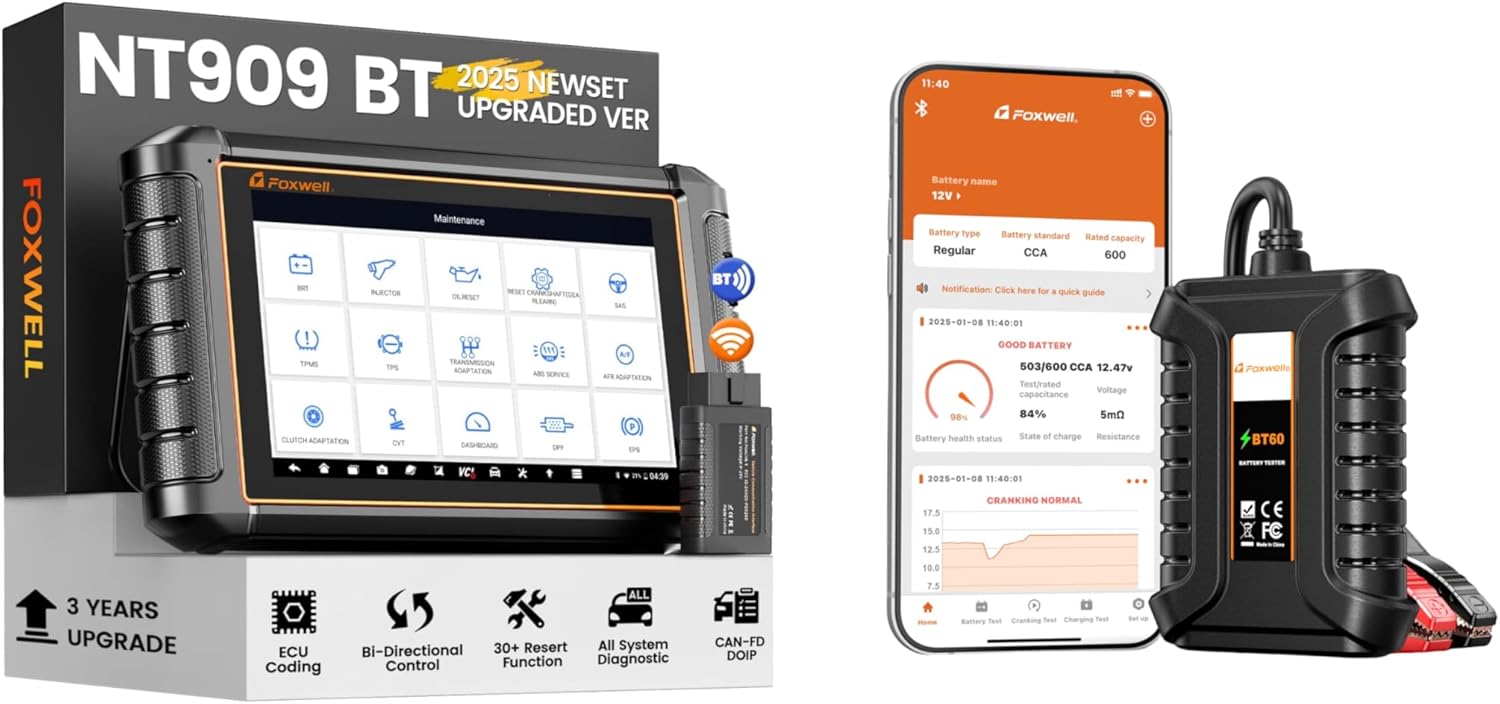 FOXWELL BT60 Car Battery Tester, 6V 12V Bluetooth Battery Load Tester & Foxwell NT909 OBD2 Scanner