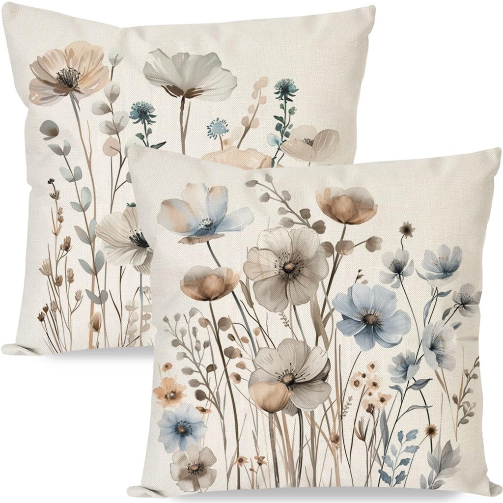 PANDICORN Flower Throw Pillow Covers 18x18 Inch Set of 2 Poppy Floral Neutral Outdoor Modern Farmhouse Spring Summer Decor Square Decorative Cushion