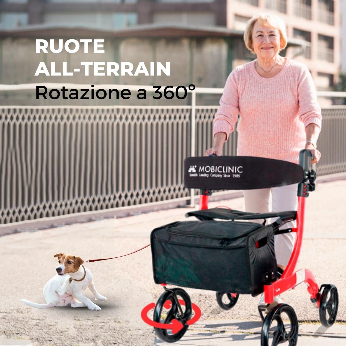 Mobiclinic® pro, Deambulatore per anziani, Pieghevole con una sola mano, Ruote grandi, Doppio sistema di frenata, Invicto, Allterrain, Cestino ampio, Sedile e schienale imbottiti, Altezza regolabile