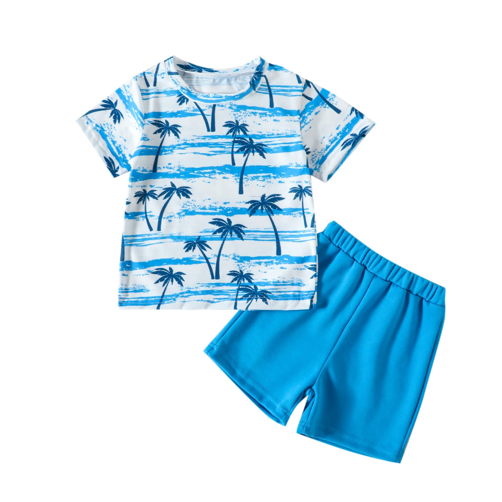 Little Boys Summer Outfits Palm Tree Shirt Short Sleeve T-Shirt Tops Solid Color Shorts Set Hawaii Beach Clothes (Blue, 2-3 Years)