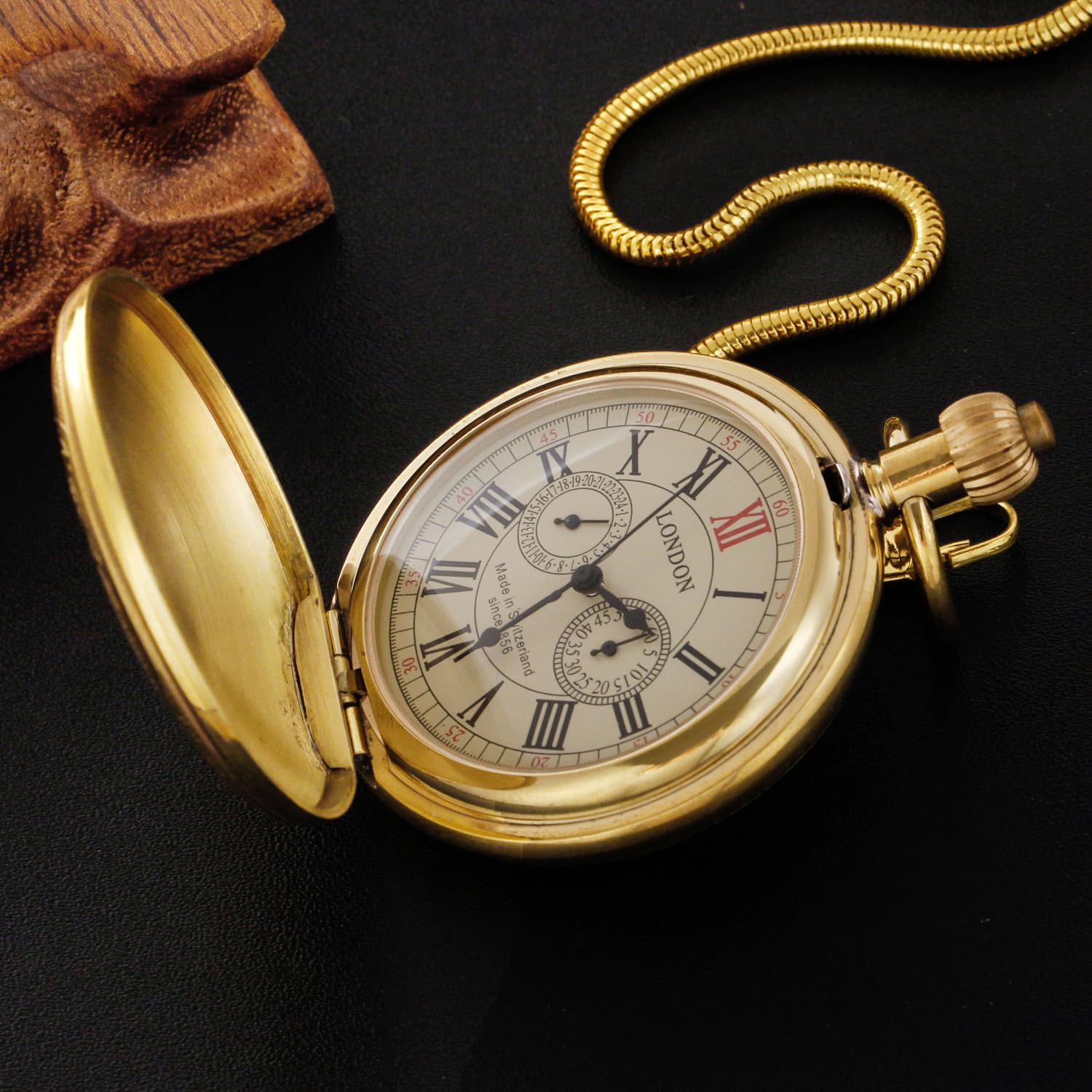 Tiong Smooth Shield Double Cover Herren Mechanische Taschenuhr, Doppelabdeckung Roman Moonlight Design Zifferblatt Kette Mechanische Taschenuhr Herren Box Mechanische Taschenuhr…