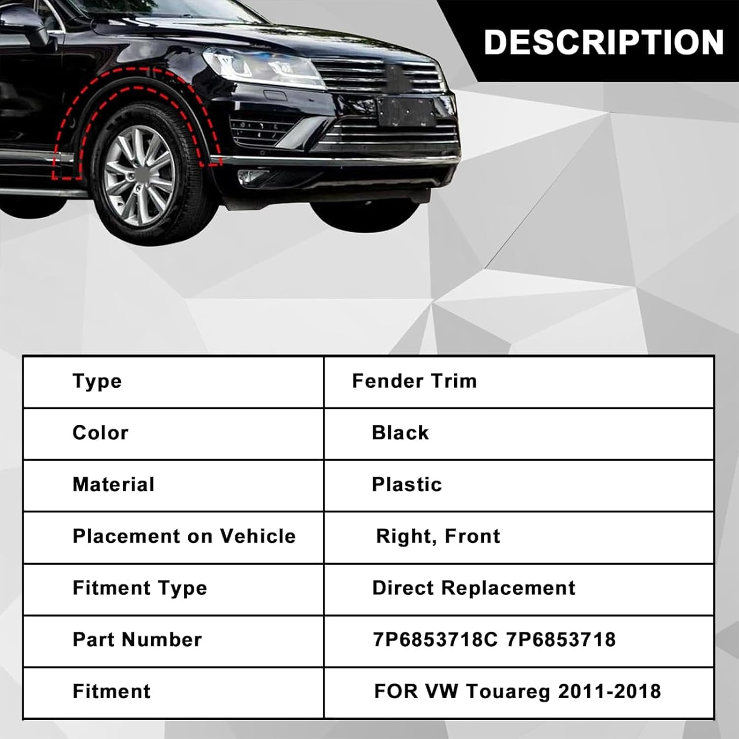 Front Right Passenger Side Fender Wheel Molding Trim Arch Flare Compatible with Volkswagen Touareg 2011-2018# 7P6853718C 7P6853718 Fender Flare Wheel Arch Molding Trim