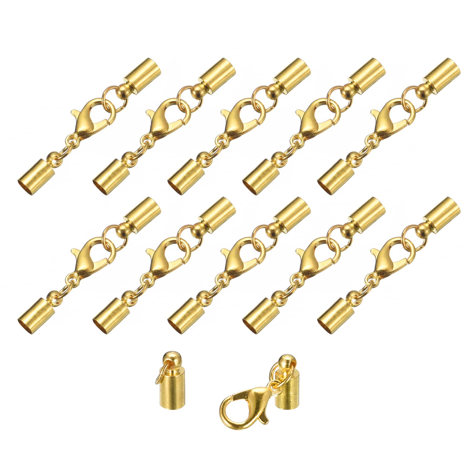 sourcing map 10Sets 4mm Leather Cord End Caps with Lobster Claw Clasps, Barrel Terminators for DIY Making Leather Bracelets, Gold Tone